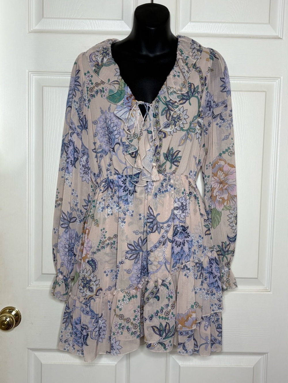 Ruffled Floral Tie-Neck Long Sleeve Dress - Light Beige with Blue Floral